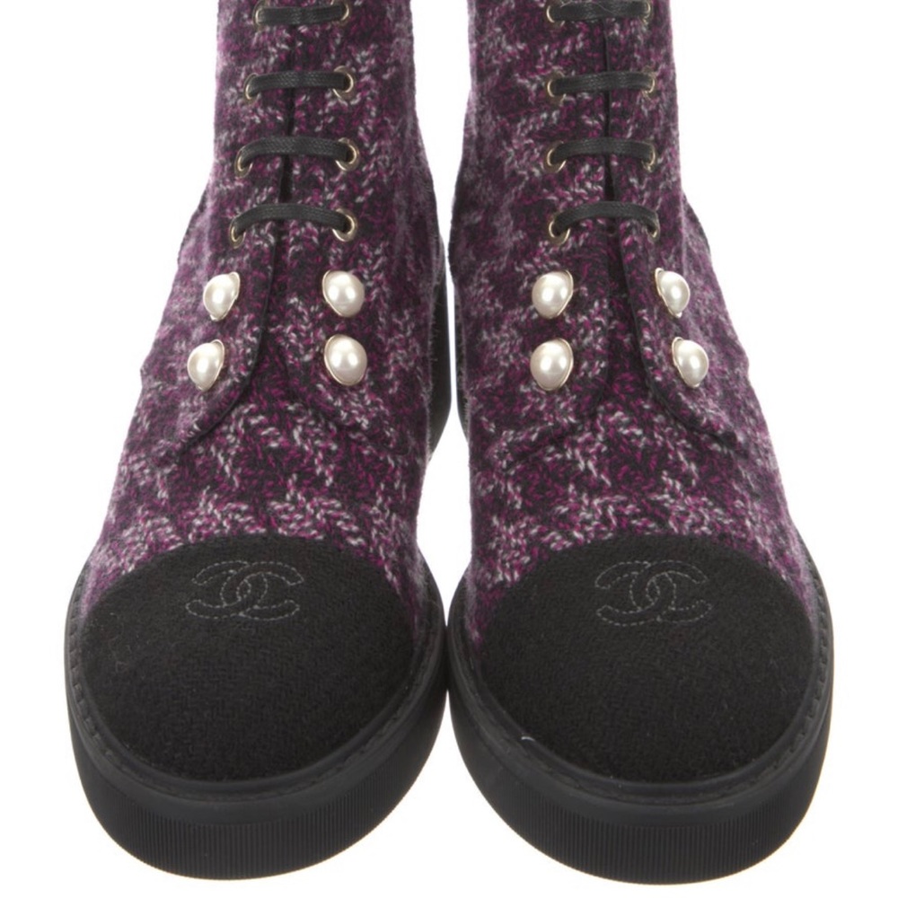 CHANEL Purple Tweed Lace-Up Boots with Black Toe Caps